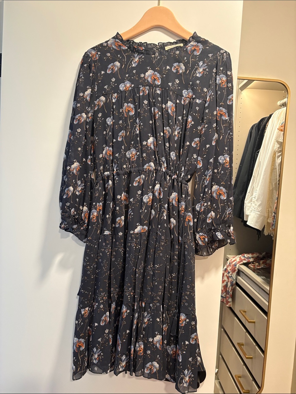 Ulla Johnson Charcoal Silk Floral Long Sleeve Mini Dress